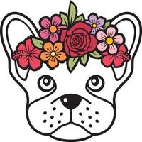 Floral French Bulldog color vector illustration