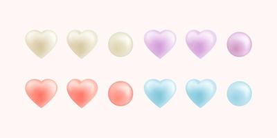 Set of hearts and balloons. Collection of realistic 3d design, different colors. Vector Illustration