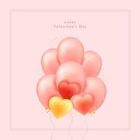 Valentine's Day. Realistic 3d design, pink balloons, three hearts in red, pink and yellow with golden confetti. Romantic and creative background. Vector illustration