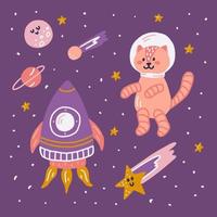 Cat in space with planets, rocket and stars, vector flat illustration in hand drawn style