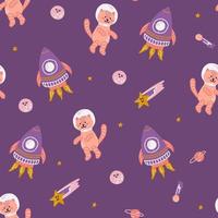 Cat in space with planets, rocket and stars, vector seamless pattern in flat hand drawn style