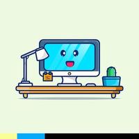 cute laptop illustration with cactus and study lamp vector
