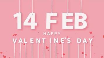 14 Feb happy Valentine's day text on pink background with heart confetti, 16x9 proportion vector