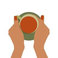 Top view hands hold a hot mug of tea. Flat vector isolated illustration