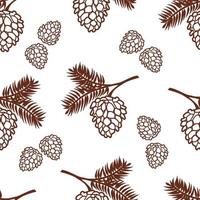 Seamless pattern fir branches with cones. Line art vector pine background