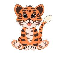 Cute cartoonish tiger sitting isolated on white background. Happy character smiling. vector