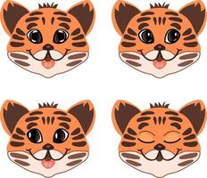 lindas caras de tigre en un colorido estilo de dibujos animados. conjunto vectorial de personajes listos para la animación. vector