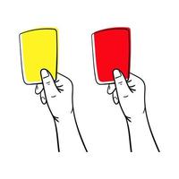 Hands holding red and yellow foul soccer cards. Vector illustration isolated on the white background.