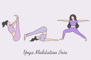 conjunto de mujer niña yoga meditación personas pose espiritual ilustración plana vector