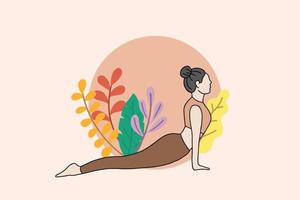 Woman meditating in peaceful nature illustration, yoga and healthy lifestyle concept, flat cartoon design vector