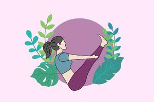 Woman meditating in peaceful nature illustration, yoga and healthy lifestyle concept, flat cartoon design vector