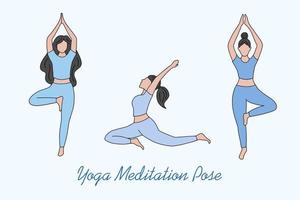 conjunto de mujer niña yoga meditación personas pose espiritual ilustración plana vector