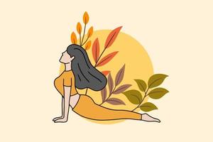 mujer meditando en una ilustración de naturaleza pacífica, yoga y concepto de estilo de vida saludable, diseño de dibujos animados planos vector