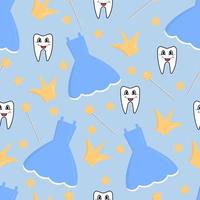 Seamless pattern with tooth fairy elements like a dress, magic wang. tooth and crown, on a blue background vector