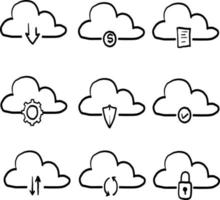 iconos de línea relacionados con la nube de computadora dibujados a mano. conjunto de iconos vectoriales. garabato, estilo, vector