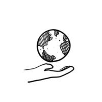 hand drawn globe in hand illustration symbol for save environment vector icon