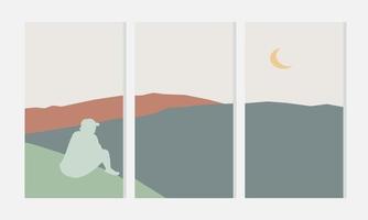conjunto de fondos de carteles estéticos minimalistas abstractos con montañas y paisajes marinos vector