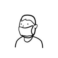 hombre dibujado a mano usando ilustración de máscara facial médica en estilo doodle vector