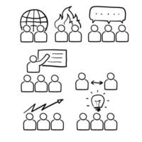 collection of handdrawn Set of meeting icons, such as seminar, classroom, team, conference, work, classroom doodle vector