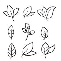 conjunto ecológico dibujado a mano de iconos de hoja de línea negra sobre fondo blanco garabato vector