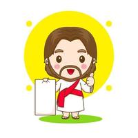 lindo personaje de dibujos animados de jesús mostrando el pulgar hacia arriba con papel vacío vector