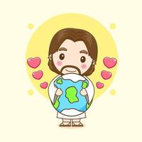 Cute Jesus cartoon character hugging earth vector