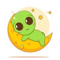 lindo personaje de dibujos animados alienígena durmiendo en la luna vector