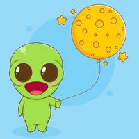 Cute Alien cartoon character holding moon balloon vector