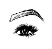 logotipo de ojo boceto vectorial de maquillaje. cejas de pestañas - ilustración aislada sobre fondo blanco. mira - icono blanco y negro