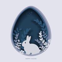 feliz plantilla de tarjeta de felicitación de Pascua. ilustración de corte de papel de conejo de pascua, hierba, flores y forma de huevo azul. vector