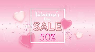 Happy valentine's day sale banner. Holiday background with flying balloons and streamers.Vector illustration for website,posters,ads,coupons,promotional material. vector