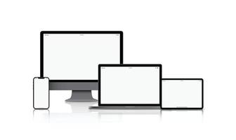 dispositivo de gadget de maqueta. teléfonos inteligentes, tabletas, computadoras portátiles y monitores de computadora de color negro con pantalla en blanco aislada en fondo blanco. ilustración vectorial eps10 vector