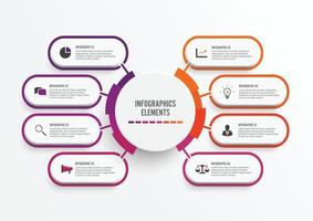 Vector infographic template with 3D paper label, integrated circles. Business concept with 8 options. For content, diagram, flowchart, steps, parts, timeline infographics, workflow, chart.