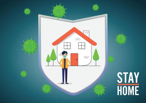 todos con mascarilla médica y autoaislamiento en casa. pandemia de coronavirus y distanciamiento social. quedarse en casa con autocuarentena para detener el brote y proteger la propagación del virus. vector