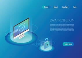 computadora de banner web de concepto de diseño isométrico con seguridad de opción completa. página de inicio del concepto de seguridad de datos personales. vector