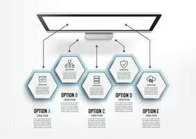 escritorio de trabajo realista. mesa de escritorio con vista superior, computadora personal. Elementos infográficos de la industria de ti. vector