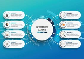 Vector infographic template with 3D paper label, integrated circles. Business concept with 8 options. For content, diagram, flowchart, steps, parts, timeline infographics, workflow, chart.