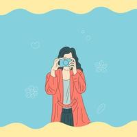 mujer joven toma cámara foto ilustración plana vector