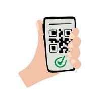 Hand shows smartphone with QR Code. Person with phone and vaccination certificate covid 19. Vaccination passport mobile app. vector