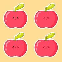 Set of stickers of cute kawaii red apple. Emoji with different emotions. Flat vector illustrations.