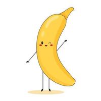 Cute banana character waving hand on white background. Happy kawaii fruit. Flat vector illustration.