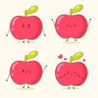 Collection of cute red apple characters in the different posing. Cartoon fruit character set on white background. Flat vector illustration.