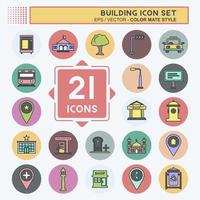 Building Icon Set in trendy color mate style isolated on soft blue background vector