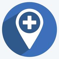 Hospital Location Icon in trendy long shadow style isolated on soft blue background vector