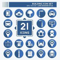 Building Icon Set in trendy long shadow style isolated on soft blue background vector