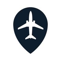 avión con pin ubicación mapa silueta moderno logotipo vector icono diseño