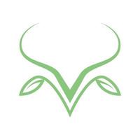 animal head cow or bull or buffalo or bison with leaf line art outline logo vector  illustration design