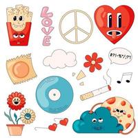 A set of hippie-themed stickers with French fries, flowers, a pacific symbol and other elements of the 70s in a cartoon style vector