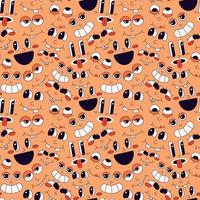 Seamless pattern of faces with different emotions on an orange background in the cartoon style of the 70s vector