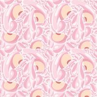 Fruit seamless pattern for textile products, peach pieces with juice splashes, peach smoothie in a flat style. vector